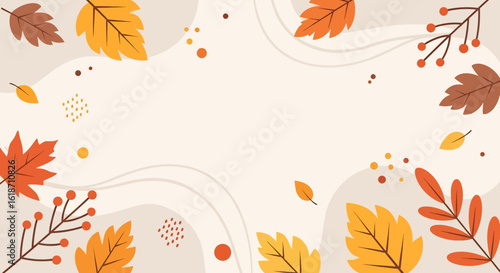 Flat illustration of a soft, minimalist autumn background with scattered colorful leaves and berries, leaving ample copy space. Ideal for subtle seasonal designs and text overlays