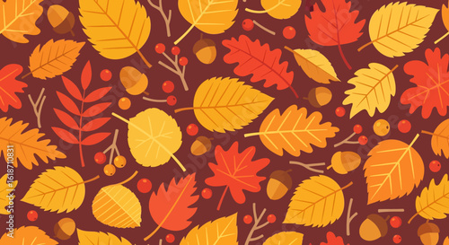 Flat illustration of a seamless autumn pattern with vibrant yellow, orange, and red leaves, acorns, and berries on a dark brown background. Perfect for fall-themed textures