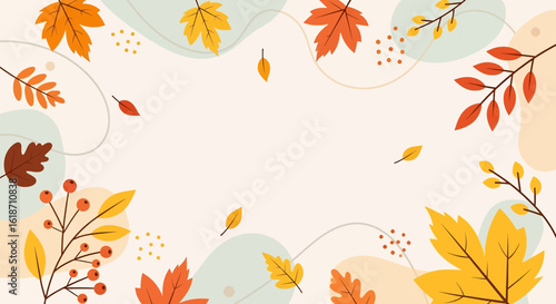 Flat illustration of a soft, minimalist autumn background with scattered colorful leaves and berries, leaving ample copy space. Ideal for subtle seasonal designs and text overlays