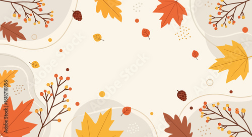 Flat illustration of a soft, minimalist autumn background with scattered colorful leaves and berries, leaving ample copy space. Ideal for subtle seasonal designs and text overlays