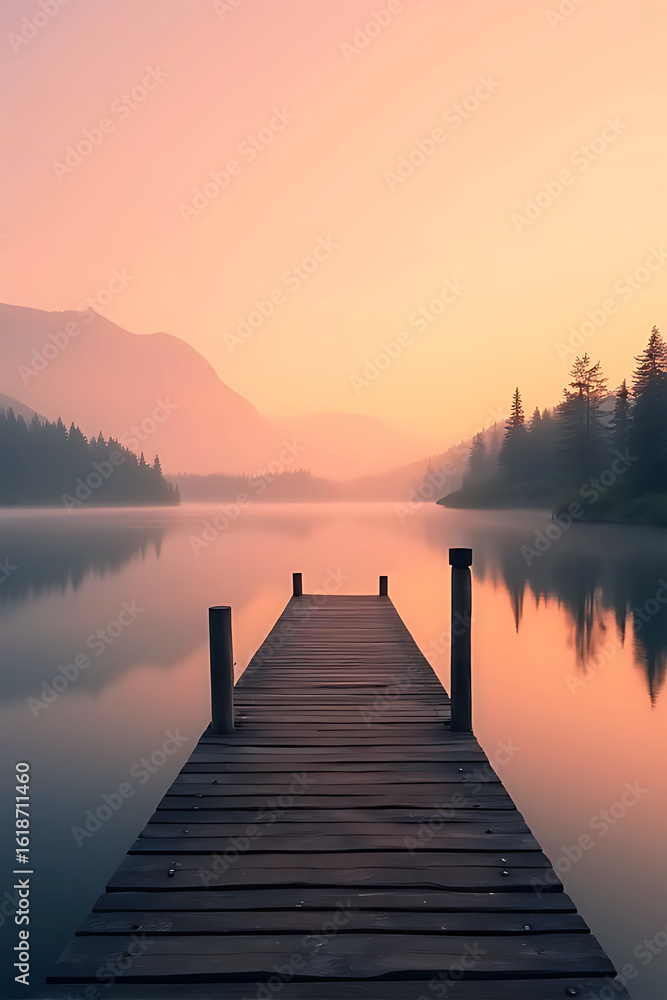 Fototapeta premium Wooden pier extending into a misty lake at sunrise with soft pastel sky