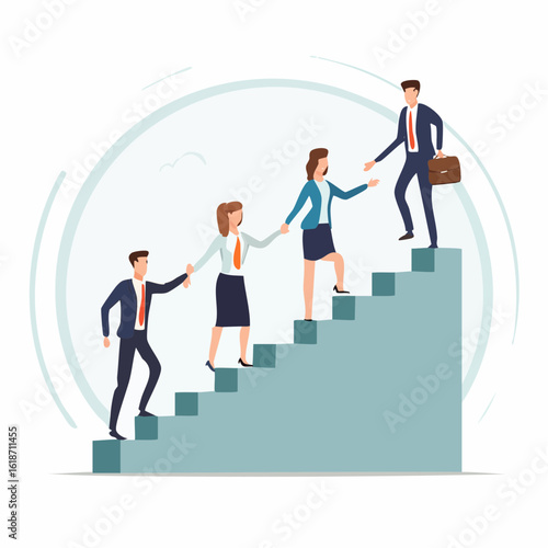 Teamwork propels business growth, professionals ascend stairs together, achieving success and mutual support.