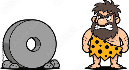Caveman invention of wheel cartoon vector, prehistoric character with intense stare and giant stone wheel, humorous ancient innovation artwork