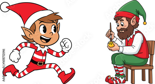 Christmas elf cartoon vector illustration, festive holiday characters working in Santa’s workshop, ornament painting and joyful gift delivery clipart