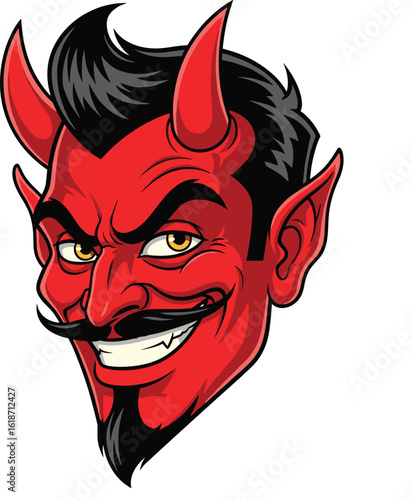 Devil Head Silhouette with Horns and Goatee, Red Skin, Evil Expression, Classic Demon Style, Cad Drawing Vector Illustration