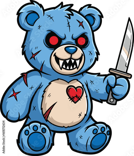 Evil Teddy Bear with Knife, Red Eyes, Heart Patch, Creepy Plush Toy Character, Cad Drawing Flat Vector Illustration Horror