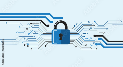 A digital padlock secures an intricate network of blue and black lines, symbolizing cybersecurity and data protection in a modern, technological world.