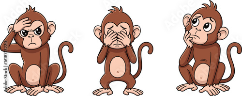 Three Wise Monkeys cartoon vector set, cute stylized primates covering eyes, ears and mouth, playful emoji-style moral proverb art
