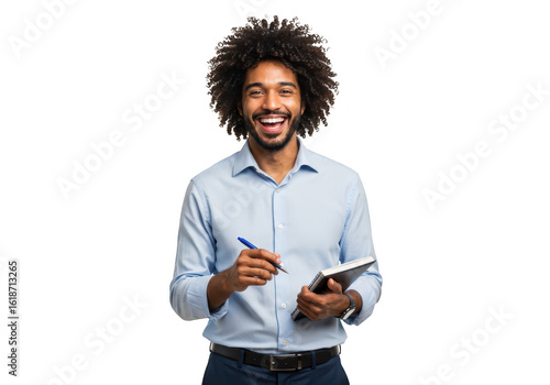 A smiling man holding a clipboard and pen, isolated on transparent background