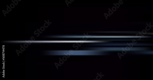 Dark background shows bright, blurred blue and white lines moving horizontally, creating an abstract sense of speed and direction in this simple and modern visual.