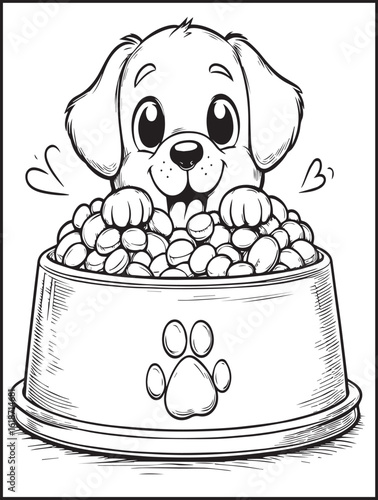 Printable Coloring page: Animal-themed coloring page: Dog coloring page: Happy dog eating
