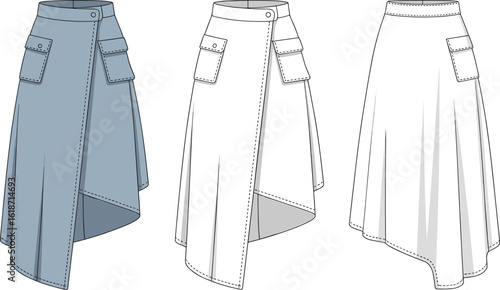 Asymmetrical high-low skirt design with button closure, flap pockets, front and back views, fashion illustration, garment drawing template