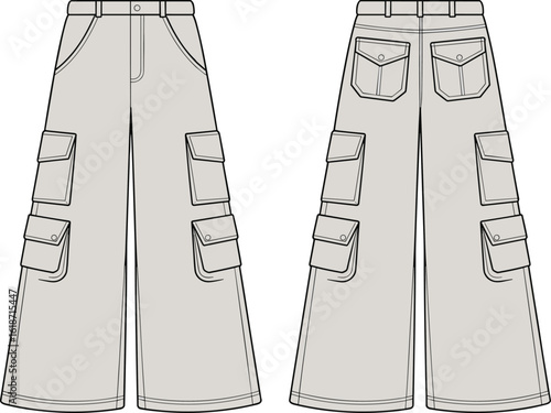 Cargo pants fashion illustration, technical front and back view, flap pocket details, button closure, practical design, garment construction sketch