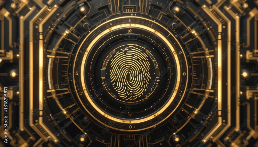 Fototapeta premium A futuristic biometric fingerprint scanner interface with a black background and gold texture