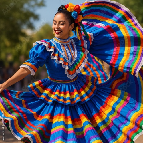 Woman in vibrant traditional blue dress with rainbow trim and floral hairpiece