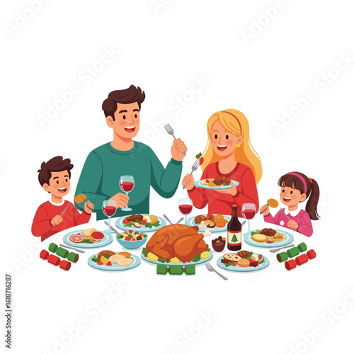 A joyful family of four gathers around a dining table for a festive holiday meal.
