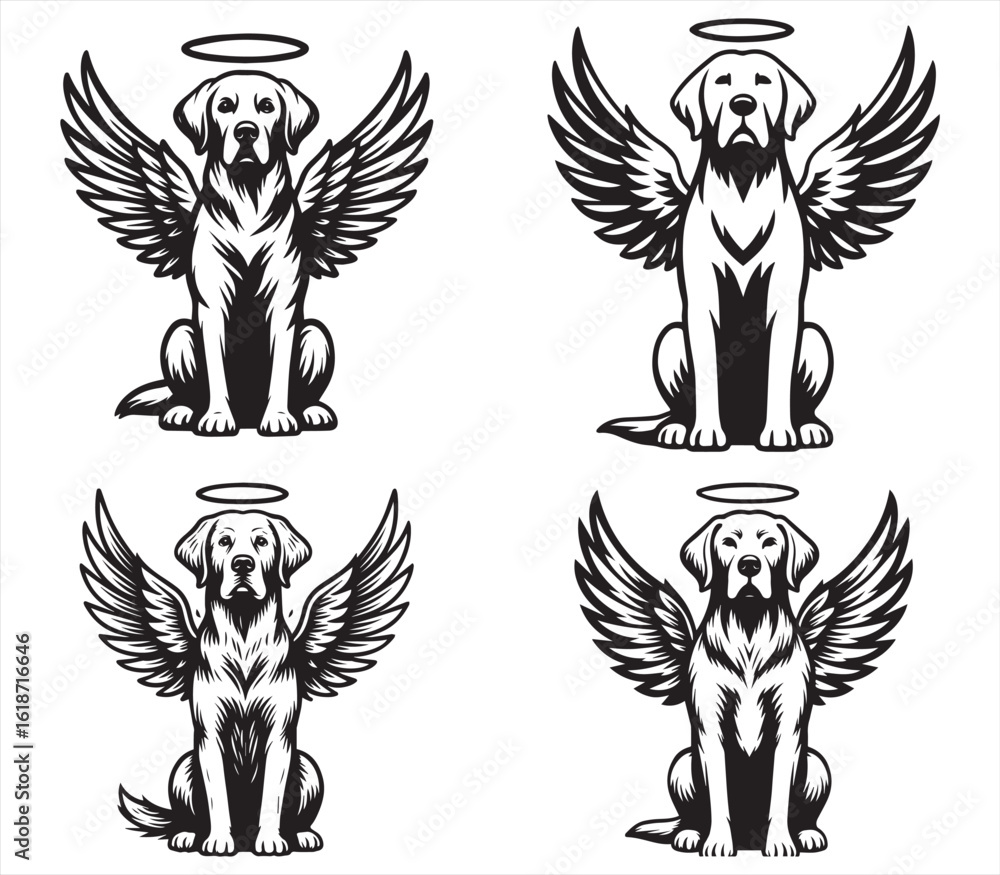 Obraz premium Angel Dog with Wings and Halo – Black and White Memorial Pet Illustration