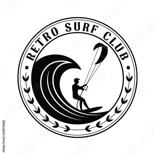 Circular kitesurfing emblem with surfer and kite inside, retro surf club badge in black and white