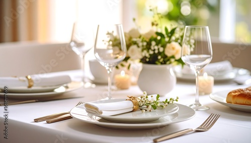 Elegant, white table setting with flowers