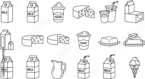 A collection of hand-drawn dairy product silhouettes, including milk cartons, cheese wheels, and yogurt cups, presented in a clean, illustrative style.