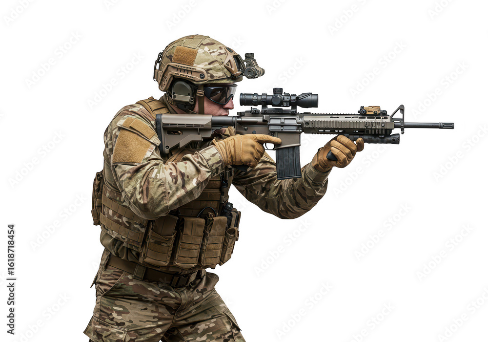 Soldier aiming a rifle isolated on transparent background Soldier aiming a rifle isolated on transparent background