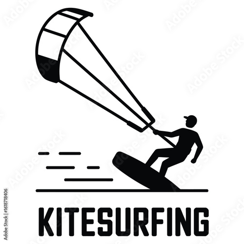 Minimal kitesurfing icon with kite, board, and surfer in motion, modern monoline badge vector in black and white