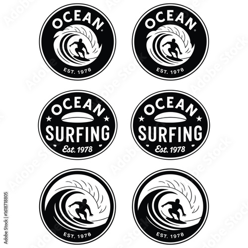 Ocean surfing badges with bold typography, vintage coastal emblem vector isolated black and white