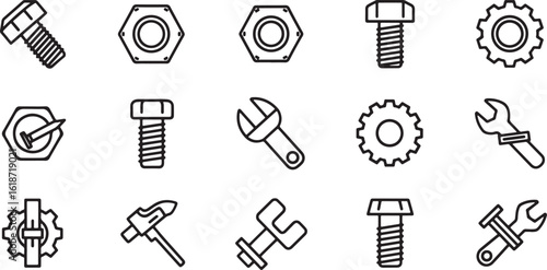 A collection of hand-drawn, black and white icons representing various mechanical fasteners and tools, including bolts, nuts, wrenches, and gears, presented in a distinctive silhouette style.