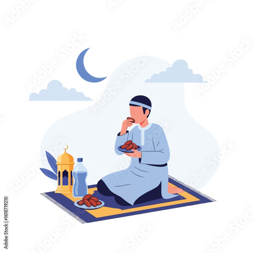 A Muslim man in traditional attire kneels on a prayer mat, breaking his fast with dates for Iftar during Ramadan at night.