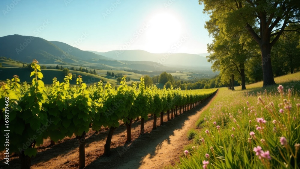 Naklejka premium Sunlit Vineyard Landscape with Rolling Hills and Blooming Wildflowers