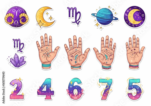 Colorful astrology and numerology sticker set with glitter texture representing esotericism and fortune telling on a white background