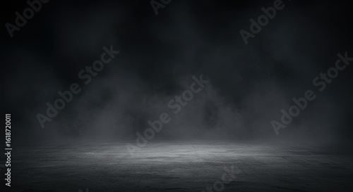 Dark, smoky atmosphere with a concrete floor, creating an ominous scene.