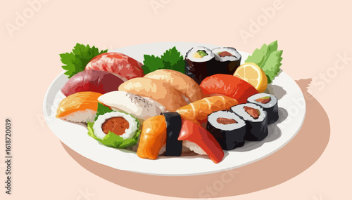 Realistic sushi and sashimi set in vibrant colors representing Japanese food against a plain beige background with copy space