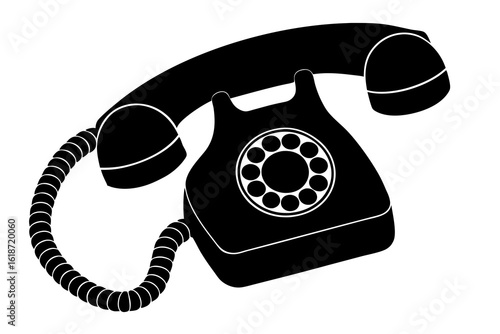 Icon of a retro rotary telephone, vintage black landline phone silhouette.