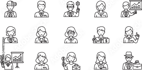 A collection of hand-drawn business people icons in a distinctive silhouette style, representing various professions and activities.