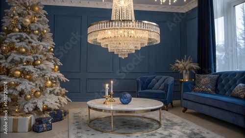 Elegant Holiday Decor with Marble Table and Crystal Chandelier