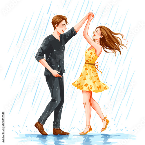 Couple dancing in the rain, enjoying each other's company outdoors  