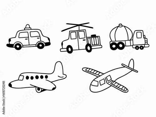 Vector line art of cartoon vehicles — cars, trains, airplanes, fire trucks — outlined in bold black lines, no shading or fill, fun and dynamic composition for boys’ coloring books