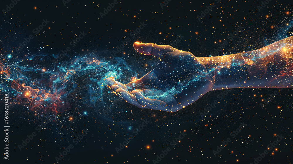 Fototapeta premium Celestial hand reaching out into a swirling nebula of stardust.