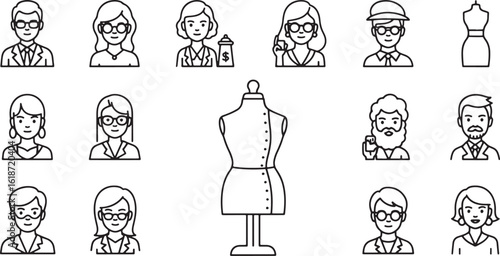 A collection of hand-drawn, black and white line art icons featuring diverse people and a dress form, presented in a clean silhouette style.