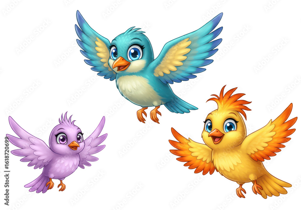 Obraz premium Three cute cartoon birds flying isolated on transparent background