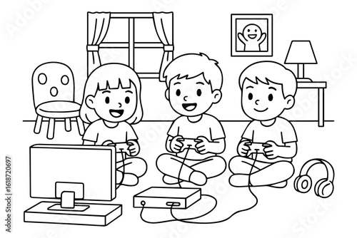 Children playing video games coloring page line art.Vector