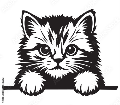 Cute Fluffy Kitten Face – Black and White Cartoon Cat Illustration

