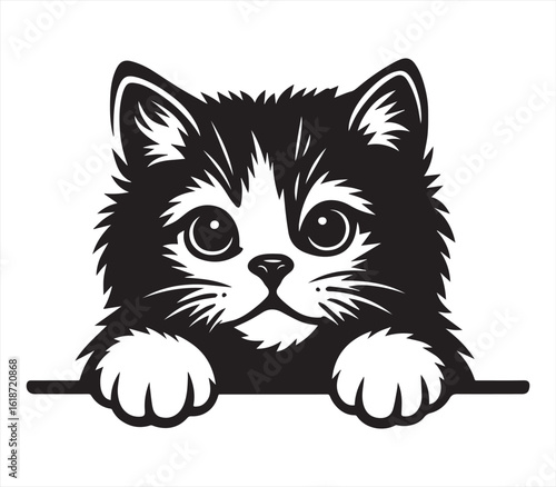 Cute Fluffy Kitten Face – Black and White Cartoon Cat Illustration

