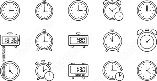 A collection of hand-drawn alarm clock silhouettes in a variety of styles, including analog and digital, presented in a grid.