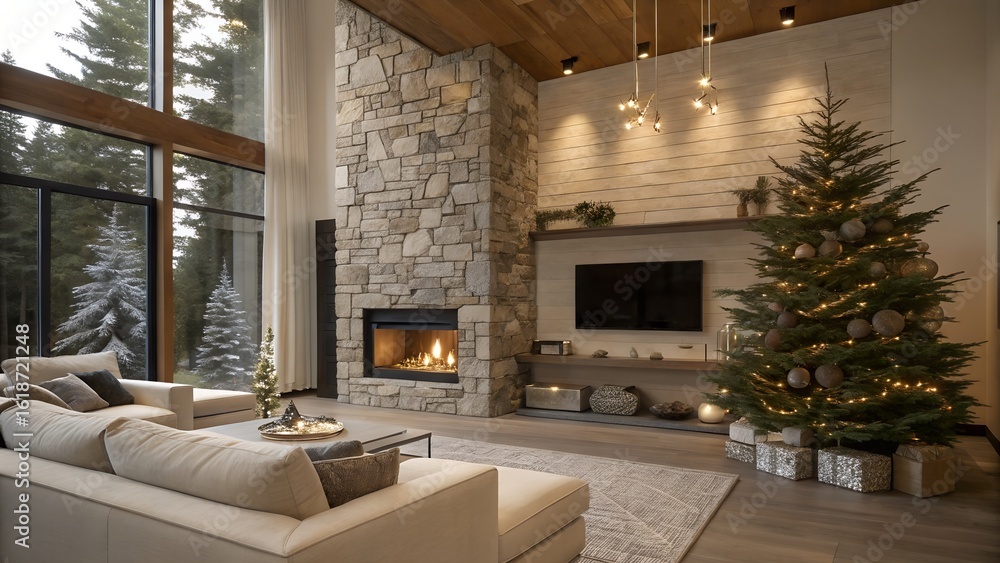 Fototapeta premium Minimalist Holiday Interior with Metallic Ornaments and Fireplace