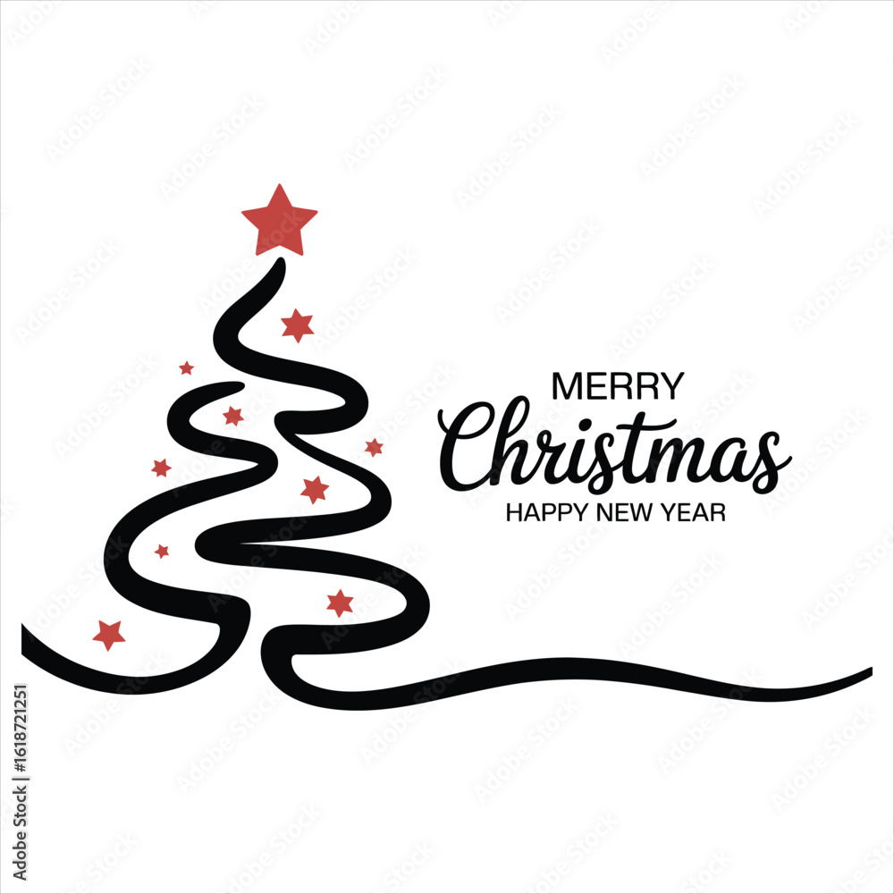 Obraz premium Black Christmas Tree with Red Stars and Merry Christmas Text