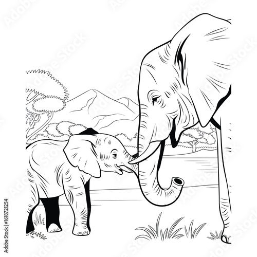 Silhouette of a mother elephant and baby touching trunks symbolizing affection, bond, and maternal love