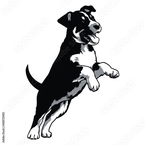 Silhouette of a puppy jumping joyfully showing playful energy, happiness, and lively animal pose