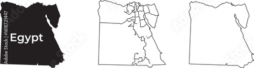 Vector Map of Egypt Collection. Featuring Solid Silhouette and Outline Maps with Governorate Regions for Geography and Travel Designs.

